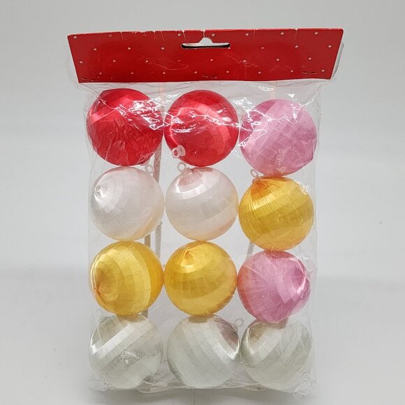 12 Christmas Tree Ornament Pink Red Yellow White Balls Plastic Silk Wrapped - Picture 4 of 5